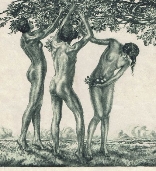 Weibliche Akte unter Apfelbaum