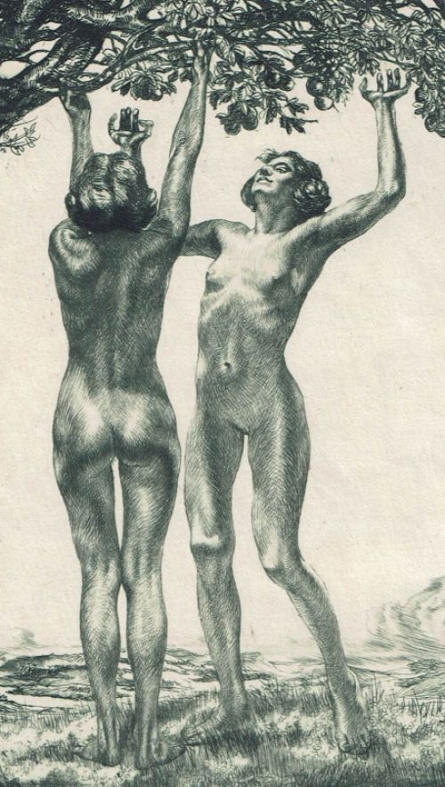 Weibliche Akte unter Apfelbaum