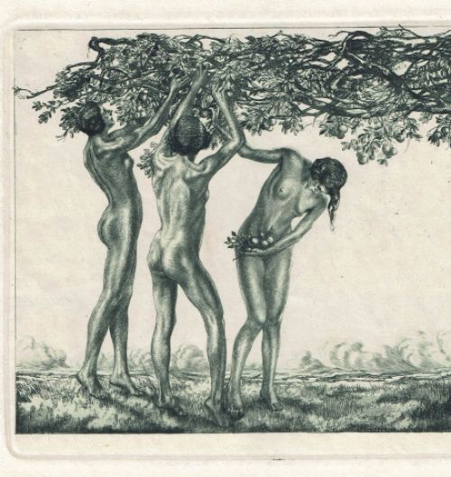 Weibliche Akte unter Apfelbaum