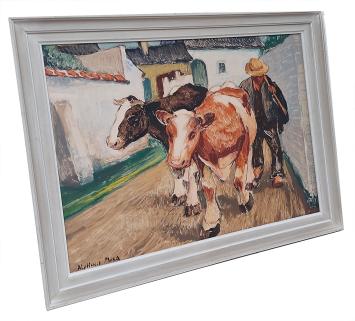 Boer op wandel met zijn twee koeien