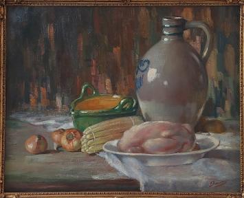 Nature morte avec poulet, asperges et oignons sur table, cruche en grès et poterie, peinture d'Alphonse Roman