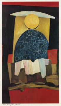 André Bogaert met een gekleurd abstract kunstwerk