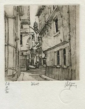 Een ets van Diest van de Belgische kunstenaar André Colpin