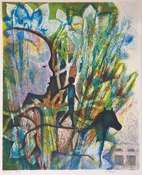 André Goezu met een litho in een kader