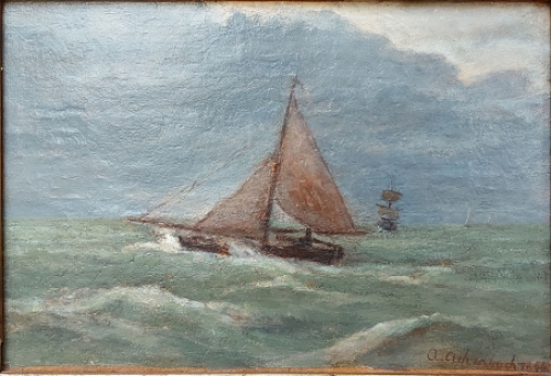 Kunstschilder Andreas Achenbach met een oud schilderijtje