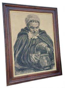 Houtskooltekening, oudere dame met koperen pot op stoel (+/- 1935)