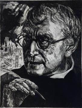 Anto Diez met kunstwerk, portret schrijver