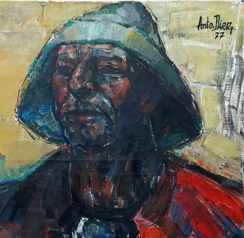 Anto Diez met een schilderij van een visser