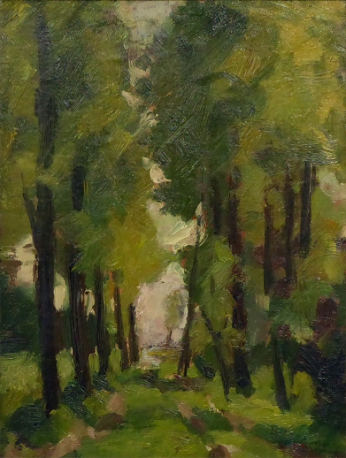Kunstwerkje, een zicht op een dreef met bomen van A. Luyckx