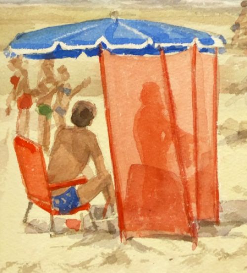 Waterverfschilderijtje uit 1979 Nieuwpoort strand