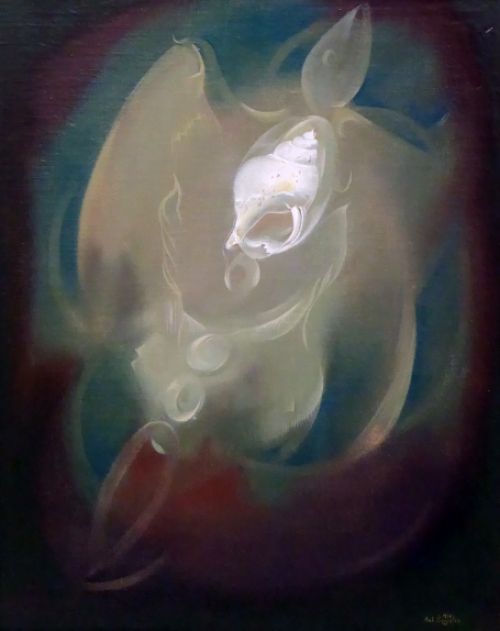 De Belgische schilder Antoon Luyckx met een abstract werk