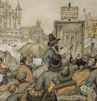 Nederlandse kunstenaar Litho van Mechelen van Anton Pieck met een litho
