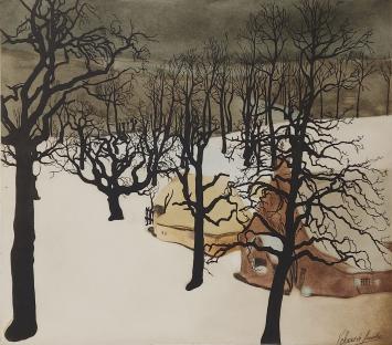 Armand Apol  met een kleurenlitho naar de Saedeleer