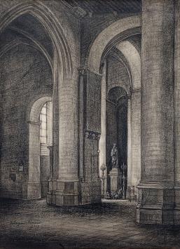 Armand Knaepen met een grote tekening van een Mariabeeld