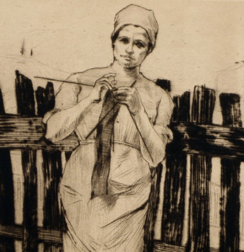 Armand Rassenfosse  met een ets La Tricoteuse