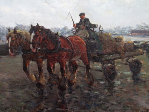 Trekpaarden in de haven van de Nederlandse schilder Arnout van Gilst