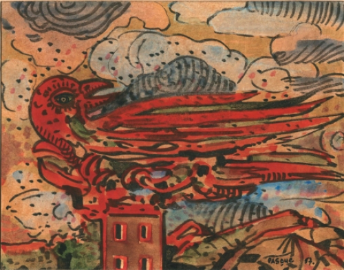 Aubin Pasque met een werkje gemengde techniek