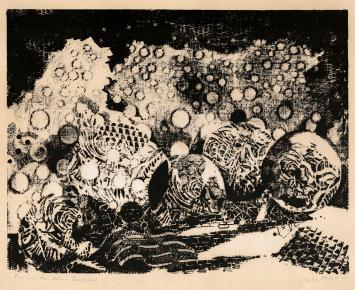 Aubin Pasque met een zeefdruk uit 1952