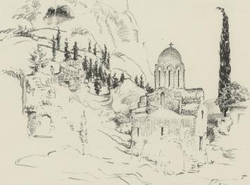 Georges-Marie Baltus mt een litho van een landschap