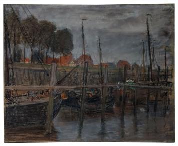 Bootjes in de haven geschilderd Belgische kunstenaar Richard Baseleer