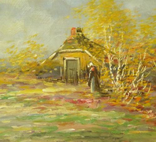 Farmhouse with lady in landscape