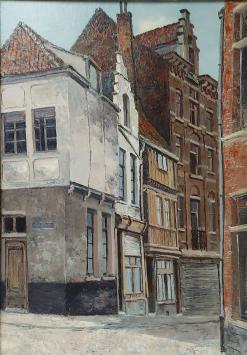 de kunstschilder Jean-Guy Beernaert met een schilderij