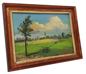 Bernard De Pooter met een schilderij uit 1944