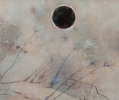 De Belgische schilder Bert Hildebrandt met een abstract kunstwerk