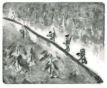 Belgische graficus Fred Bervoets met een lithografie