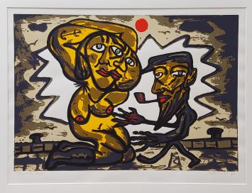 Belgische graficus Fred Bervoets met een kleurenlitho