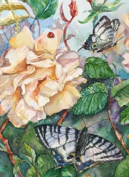 Aquarel, gele rozen en insectjes