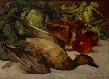 Ernest Betigny met een olieverfschilderij op bord