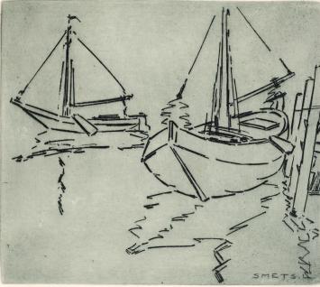 De Belgische graficus Léon Smets  met een gravure