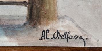 Belgische kunstenaar Delfosse met een aquarel