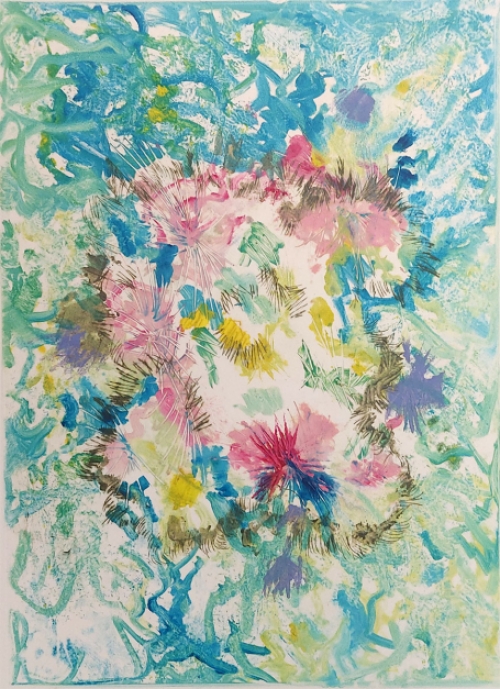 Gustaaf Prils  met een kleurrijk grafisch werkje