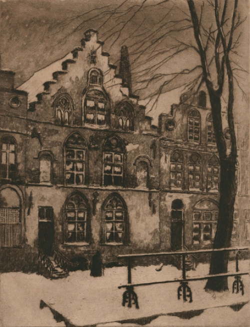 Maurice-Emile Blieck met een ets van traphuizen in de winter