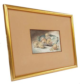 Gouache, stilleven met glazen schaal en fruit