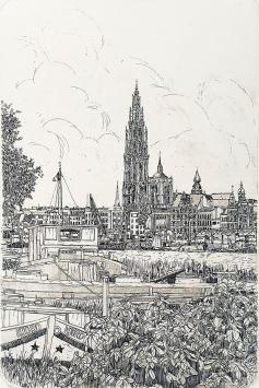 Bob Dries met een Antwerpse ets uit 1990