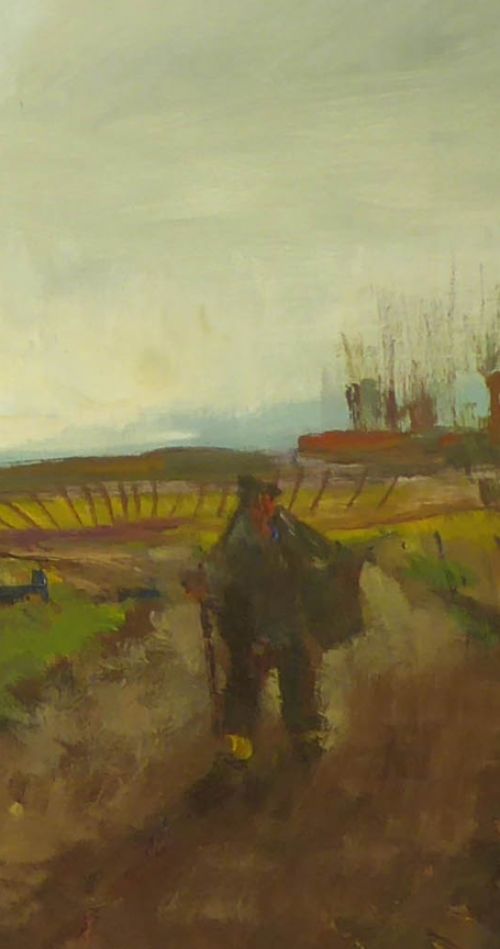 Olieverfschilderij van H J Pauwels van een boer langs kanaalpad