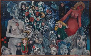 Belgische schilder Jean Broisson met een schilderij uit 1964