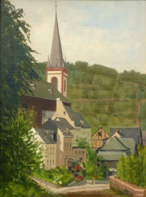 De Belgische schilder Antoon Luyckx  met een schilderij met een zicht de Bruttig Mulhenbachstrasse
