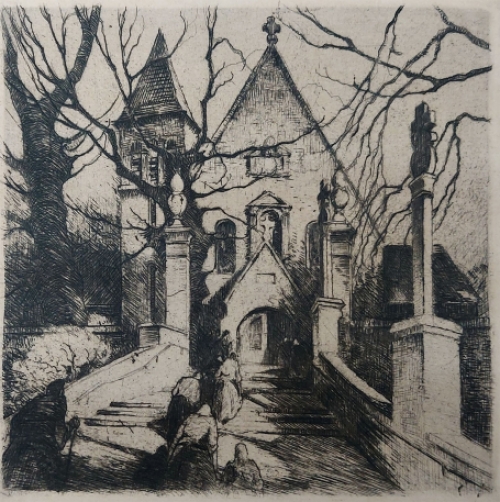 Camille Barthélemy met een ets op papier