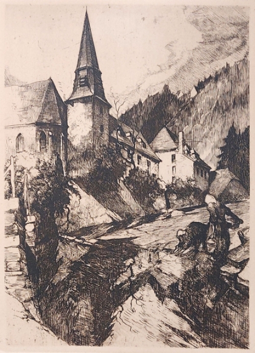 Camille Barthélemy met een ets op papier