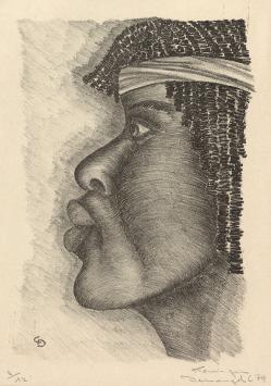 Chris Demangel met een grafisch kunstwerk uit 1979