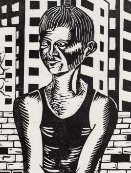 Chris Demangel met een linocut of linosnede