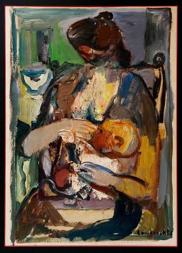 Belgische schilder Constant Lambrecht met een expressionistisch kunstwerk