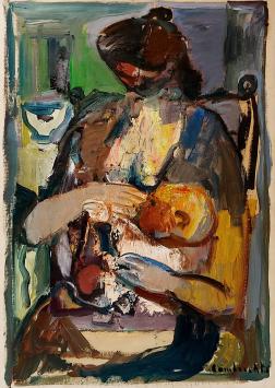 Constant Lambrecht  met een abstract schilderij