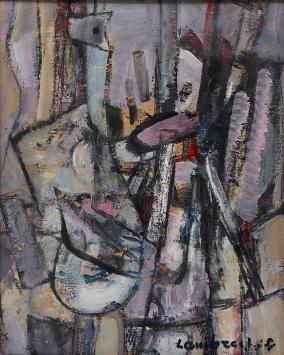 Constant Lambrecht  met een abstract schilderij
