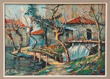 Schilderij van C. Verbrugghe, waterval aan huis