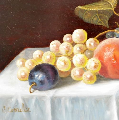 Stilleven met perzikken pruim en druifjes